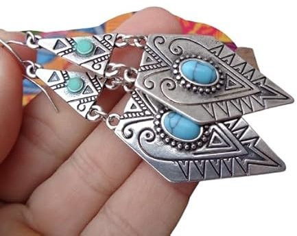 Zweiteilige Spitze Boho Ethno Howlite Ohrringe Indigena Indianer Eingeborenen mit Hellblauem Cabochon