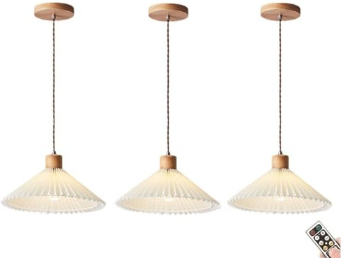 Lámpara colgante recargable a batería con bombilla regulable y temporizador, estilo tronco, sin cableado, con pantalla de tela plisada blanca, para cocina, isla, mesa de comedor, dormitorio, sala de