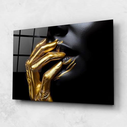 ARTHUB® Glasbild 80x120 cm, 4mm ESG | Moderne Wandbilder aus Glas für Wohnzimmer & Schlafzimmer, Wanddekoration, Wohnkultur, Frauen, Gold Small Hand