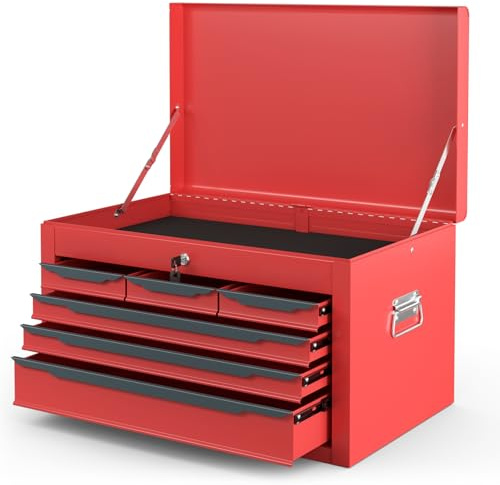 HOMFME 6 Drawer Tool Storage Cabinet, Heavy-Duty Metal Tool Chest with Automatic Lock System, 2 Keys, Top Storage Tray, Ball Bearing Runners, EVA Mats, Portable Tool Box for Warehouse Garage (Red)