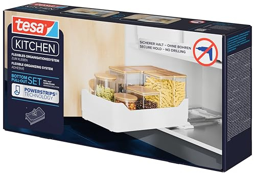 tesa Pull Out Extendable Kitchen Drawer - Self-adhesive Floor Slide for Kitchen Cabinets - Drill Free Drawer Runners - Telescopic Organiser for Kitchen Utensils