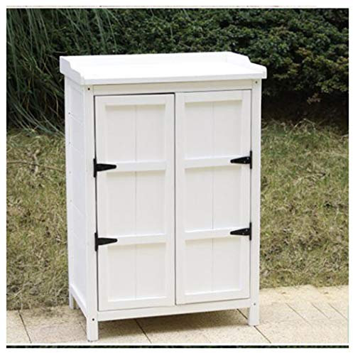 BSKJMMP Garden Shed with Floor Outdoor Tool Storage Rack Utility Tools Organizer Cabinet with Shelves and Wooden Doors for Backyards Patios (White)