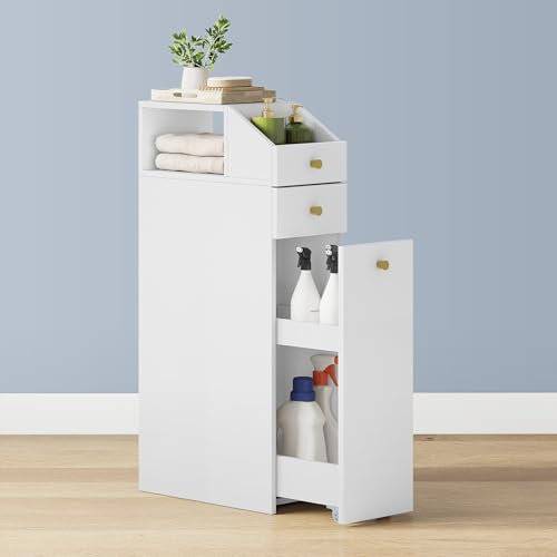 Hzuaneri Badezimmerschrank klein, Badschrank schmal, Kleiner Schrank für Toilettenpapier, Toilettenschrank mit Schubladen, mit Schublade auf Rollen, 40 x 20 x 80 cm weiß BC22003X