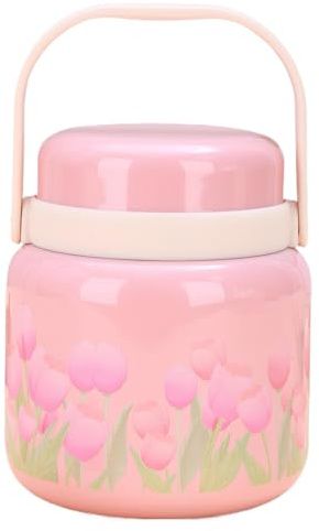 Meichoon Contenitore termico isolato portatile 500 ml 17 oz in acciaio inossidabile 316 per alimenti con motivo a tulipano rosa, anti-perdita, con cucchiaio pieghevole per bambini e adulti