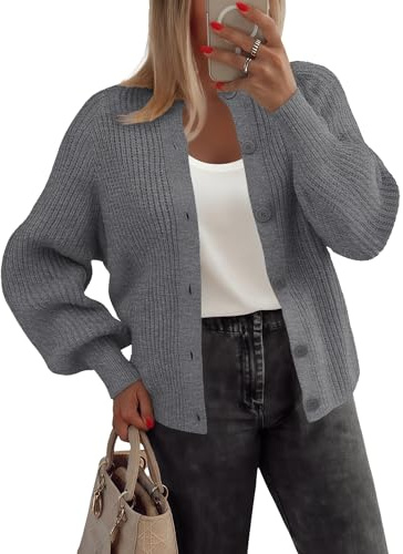 Zeagoo Cárdigan de Punto Mujer Corto Cuello Redondo con Botones Abierto Suéter Elegante Casual Chaqueta de Punto para Mujer Gris Oscuro S