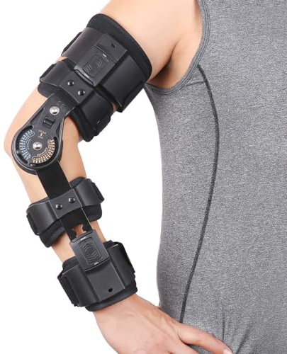 Shuyan Jiao Hinged ROM Elbow Brace Adjustable Post OP Elbow Support - Arm Stabilizer Splint for Surgery, Dislocation, Ligament & Tendon Repair Recovery w/Sling Fits Men & Women (Left)