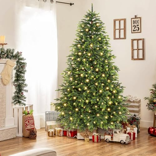 SHareconn 6FT Pre Lit Artificial Christmas Tree with 3546 100% PE Branches Tips, 330 Warm white lights and colored lights, Xmas Tree with Foldable Wooden Stand, Easy Assembly（NO Remote Control）