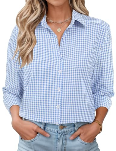 Rapbin Womens Long Sleeve Button Down Shirts Casual Loose Fit Cotton Collared Blouses Blue Plaid M(UK 12-14)