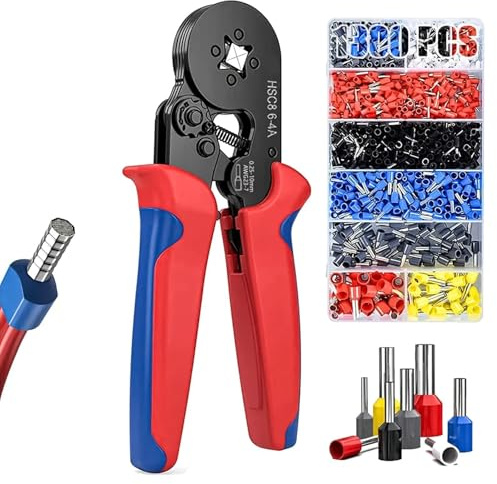 Set Pinza Crimpatrice Auto-adattabile + 1300 Capicorda – 0,25–10 mm² (AWG 23-7) – Crimpatura Quadrata, Impugnatura Ergonomica, Cricchetto Robusto