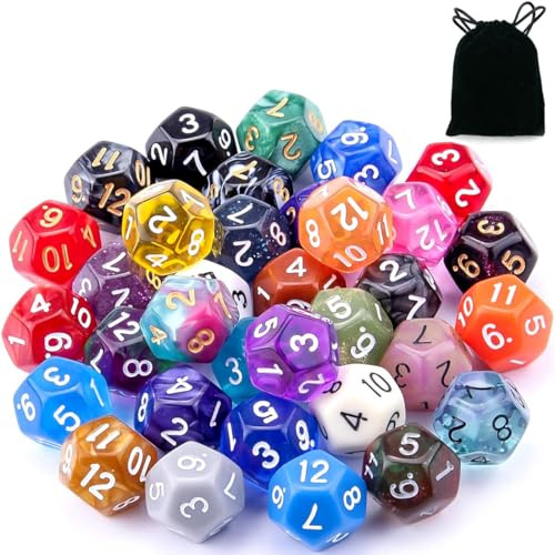 JYNVO 21 Dés Polyédriques 12 Faces + 1 Sac, Jeu de Dés pour DND RPG Enseignement Mathématiques Soirée Amis Famille