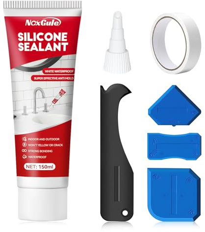 NoxGule Silicone Salle de Bain, Joint Plan de Travail Cuisine, Joint Silicone Blanc Salle de Bain, Imperméable Scellant, Convient aux Éviers de Cuisine et aux Bords des Toilettes, 150ml