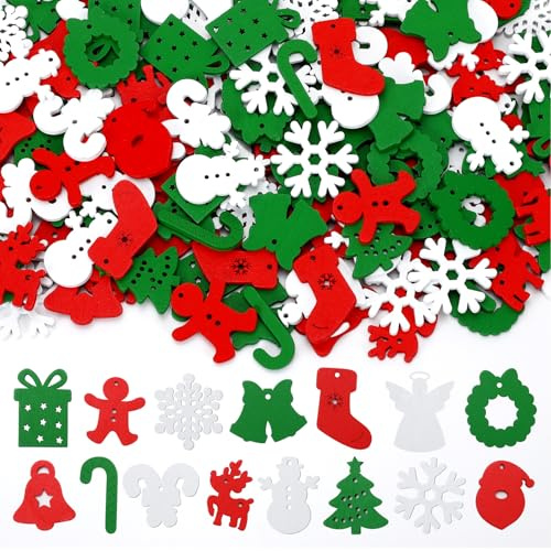 JUNEBRUSHS 150 piezas de madera para decoración de mesa de Navidad, color rojo, verde y blanco, piezas de Navidad, manualidades, madera, invierno, Navidad, bricolaje, árbol colgante (1,1 pulgadas, 15