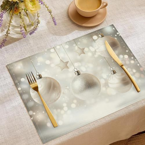 6 Stück Platzset Weihnachten Abwaschbar, Sterne Weihnachtskugeln Platzdeckchen Elegant Dekoration, Silber Weiß Weihnachts Platzsets, Weihnachts Tischset für Tischdekoration(45 x 30 cm)