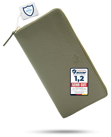 Baur - Damen Geldbörse echtes Leder (Gold Reißverschluss, Olive) | Großes Portemonnaie, RFID-Schutz, 12 Kartenfächer, goldener Rundum-Reißverschluss aus Metall, geprägtes Rindsleder