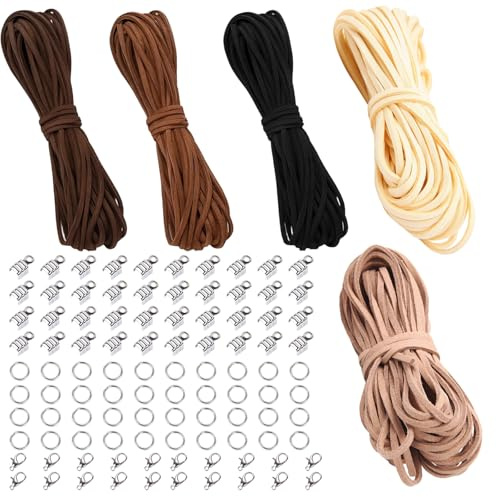 YyiFcg 105-Teiliges Wildlederschnur Schmuck Bastelset, 50m Lederband für Ketten mit Karabinerverschlüssen und Kordelenden, DIY Armband Zubehör für das Schmuckhandwerk