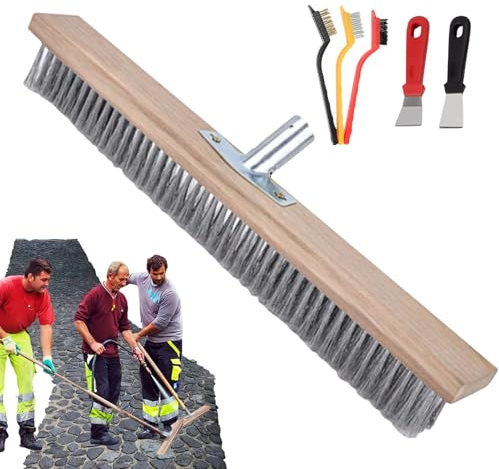 Escoba de Empuje para Exteriores: construcción de Acero Inoxidable, Cabezal de Cepillo de Alambre de 50 cm, cepillos de cerdas rígidas, Dos Palas para desechos, Casquillo con Mango de Madera | Ba