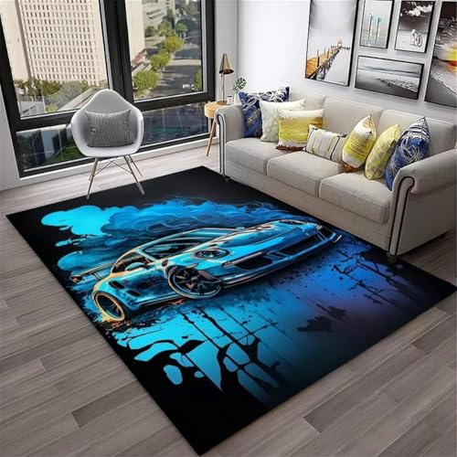 RUILBJM 3D Graffiti Auto Teppich, Wohnzimmer rutschfest Matte, Cool Neon Sternenhimmel Sportwagen Rug Muster, Spielzimmer Dekoration Teppich, Teenager Junge Schlafzimmer Carpet (Color 4,80x160cm)
