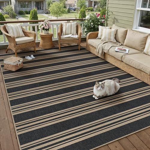PureCozy Striped Easy Jute 5x7 Area Rugs Black Washable Outdoor Patio Rug for Living Room Indoor Outdoor Carpet Non Slip Office Farmhouse Neutral for Backyard Balcony Porch Bedroom Dining Room