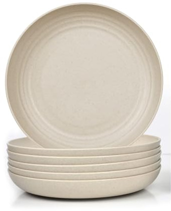 Loimol Juego de 6 platos hondos de 25 cm, resistentes a roturas, de plástico, reutilizables, ligeros, de plástico, sin BPA, aptos para microondas, color beige