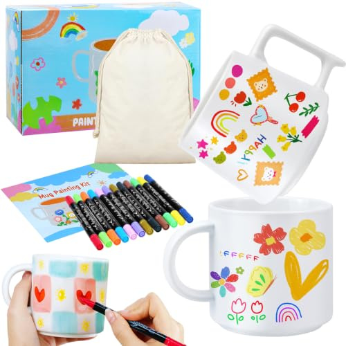 Jukibole Keramik Bemalen Set – 2 Tassen, 12 Marker, Aufbewahrungstasche | Tassen Bemalen für Anfänger, Erwachsene, Ohne Vorkenntnisse, Spülmaschinenfest, Geschenk Für Geburtstag, Weihnachten