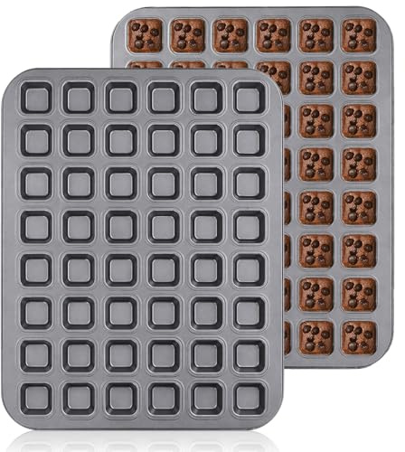 DHNDO 2 Pcs 48 Cavity Mini Muffin Tray, Non Stick Carbon Steel Brownie Bite Tin, Heavy Duty Small Square Baking Tray for Brownies Cupcakes Mince Pies and Desserts, 40 x 32 cm