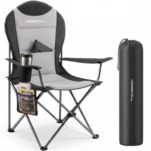 Homecall Campingstuhl Faltbar bis 150kg,Angelstuhl 108cm (Grau - 1 Stück) | Belastbar Campingstuhl Hochlehner 108cm mit Lendenwirbelstütze, Gepolstert Klappstuhl Camping Stuhl für Garten Picknick