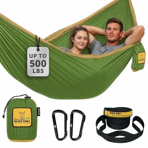 Wise Owl Outfitters Hängematte - Outdoor Hängematte für 2 Personen - Ultraleichte Reisehängematte - Belastbar bis 226 kg - Camping Zubehör - Inkl. Aufhängung u. Karabiner (Grün und Khaki)