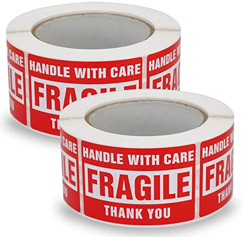 2 Rolls/1000 Labels, Handle with Care -Fragile-Thank You, Red Warning Shipping Label Stickers (50mm x 75mm) - BETCKEY