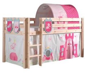 Spielbett Pino mit Textilset Vorhang, Tunnel und 3 TaschenPrinces, Kiefer Massiv Natur