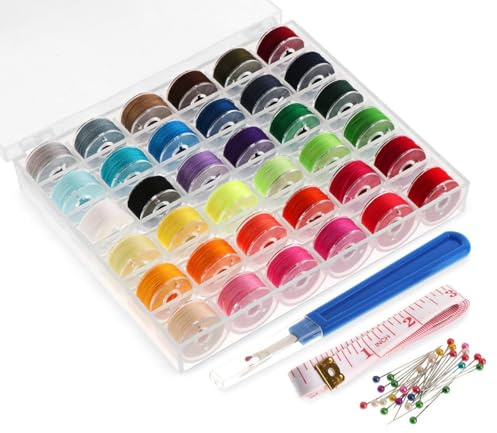 36Pcs Sewing Machine Bobbin Threads with Case and Measuring Tape for Singer Brother Babylock Janome Elna, Assorted Colors