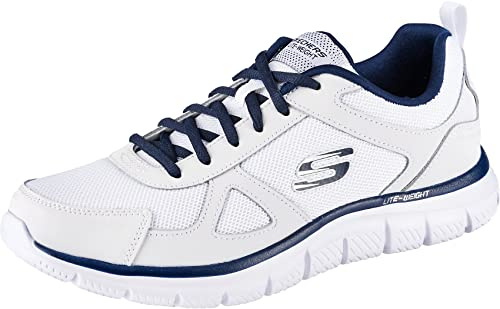 Skechers Track Scloric herr Sneaker, Vitt läder nät PU marinblå trim, 45.5 EU