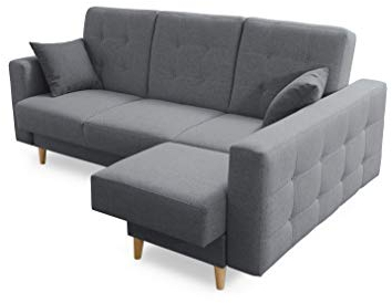 Robin Inspire Hilton Ecksofa mit Schlaffunktion Bettkasten 2 Kissen Sofa L-Form Schlafsofa Freistehende Eckcouch Schlafcouch Wohnzimmermöbel Wohnlandschaft Rechts Grau