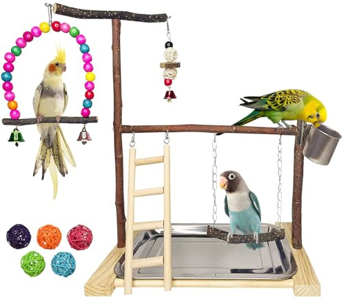 Bird Playground Parrot Playstand Parakeet Gym Playpen Cockatiel Play Stand Wood Perch Exercise Activity Center Ladders Feeder Cups Cage Accessories Swing Chew Toys for Cockatoo Budgie Lovebird Finch