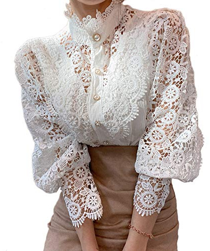 Women’s Elegant Lace Trim Shirts Casual Victorian Blouse Long Sleeve Button Down Tops(XXXL,White)