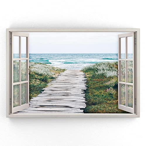 Estika - Leinwand Bilder Fensterblick - Meer, Strand - 120x80 cm - 1 teilige Wandbilder, Bild auf Leinwand, Modern Deko für wohnzimmer schlafzimmer - Natur Landschafts bilder - 5982A_1B