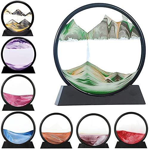LINPING Fließendes Sandgemälde, bewegliches Sandkunstbild, rundes Glas, 3D-Tiefsee-Sandlandschaft in bewegter Anzeige,Sandrahmen, Heim- und Büro-Desktop-Dekorationen (Grün, 7 Zoll)