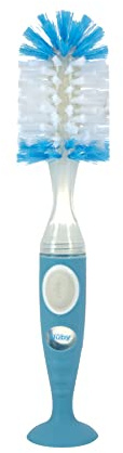 Nuby Easy Clean Dosierbürste mit weichen und langlebigen Borsten, mit strukturierten Griffen und Saugnapfboden, 2-in-1-System, Blau