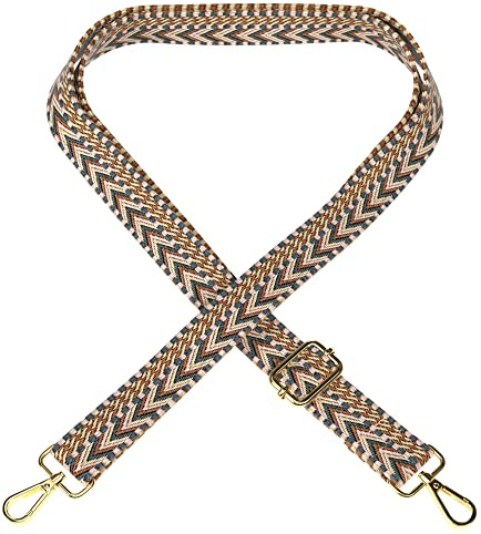 EAZY CASE - Verstellbarer Taschengurt, Ersatz Gurt für Handtaschen, Schulterriemen für Umhängetaschen, dünner Riemen für Taschen und Tragetaschen, DIY Taschenband, Zig Zag - Braun Metal Gold