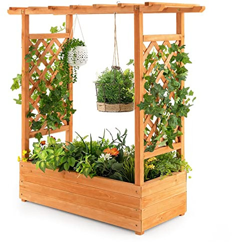 TANGZON Raised Garden Bed with Arch Trellis, Freestanding Ground Garden Planter Box, Outdoor Vertical Trough Planter Container for Vine Climbing Plant Flower Herb (Orange, 110 x 44 x 113cm)