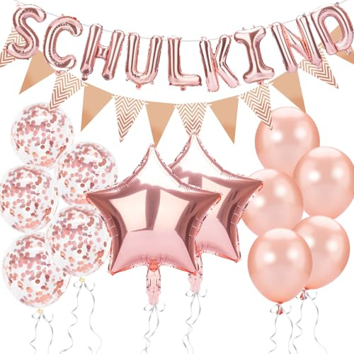 VIKY Schulanfang Deko Einschulung Mädchen Junge,14 Stück Einschulung Deko Mädchen Set,Schulkind Deko Rosegold 2025,Deko Schulanfang mit Wimpelkette,Stern Einschulunge Folienballon,Konfetti Luftballons