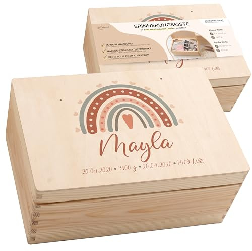 KIDSMOOD - Erinnerungsbox Baby, personalisierte Holzkiste mit Deckel, Ideal zur Aufbewahrung von Erinnerungen und als Geschenk zur Geburt, Taufe oder als Geburtstagsgeschenk für Mädchen und Jungen