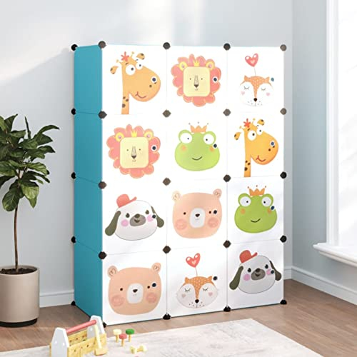 ZEYUAN Kinderschrank Modular mit 12 Würfeln Blau PP, Kinderkleiderschrank, Kinderregal, Kinderkleiderschränke, Aufbewahrungsschrank, Kindermöbel