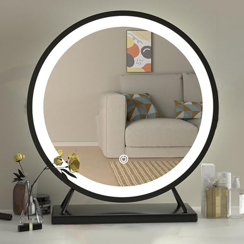 AHOR Schminkspiegel mit Beleuchtung, Runder LED-Beleuchteter Make-up-Spiegel, Touchscreen mit 3-Farben-Beleuchtung, Dimmbar for Schminktisch, Schreibtisch, Schlafzimmer (Color : Black, Size : 50cm)