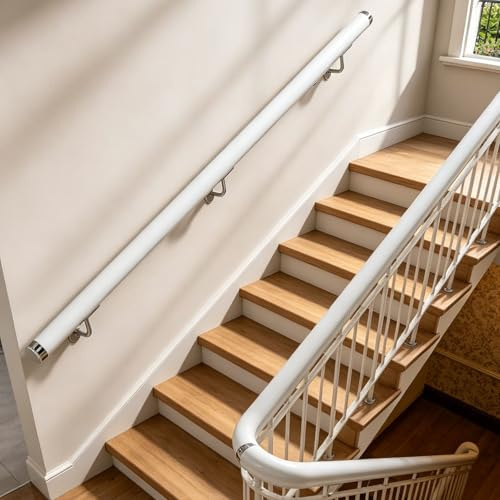 Pasamanos de madera blanca 150cm Dawselod, Pasamanos redondo para escaleras, Barandilla de pared para escalera, Barra de seguridad antideslizante exterior para niños