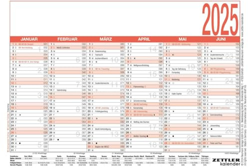 Zettler - Arbeitstagekalender 2025 weiß/rot, 14,8x10,5cm, Plakatkalender mit Monatsübersicht, 6 Monate auf 1 Seite, Ferientermine, Arbeitstage-, Tages- und Wochenzählung und deutsches Kalendarium