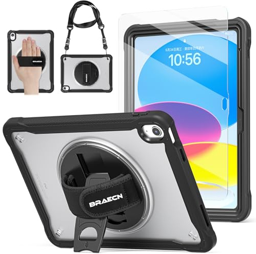 BRAECN Hülle für iPad (A16) 11/10 Generation - 10.9/11 Zoll 2022/2025 | Stoßfest Robuste Schutzhülle mit Griff Displayschutzfolie 360° Drehbarer Handgurt und Ständer, Stifthalter, Schultergurt