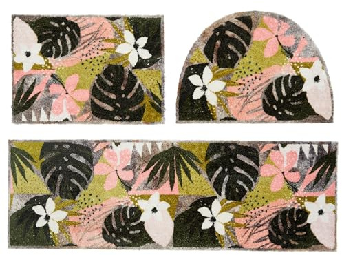 Astra Flauschige Sauberlaufmatte - Pure & Soft - Jungle bunt 3er Set: 50x70 eckig & halbrund und 50x150 cm - Waschbarer Küchenteppich innen - Türmatte weich