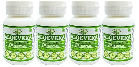 Aloe Vera (Ghritkumari) Kapseln für Männer und Frauen | Natürliches Kräuterergänzungsmittel | 500 mg pro Portion | 60 vegetarische Kapseln | Hergestellt aus reiner Aloe Vera (Packung mit 4 Flasche)