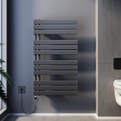SUNXURY Scaldasalviette elettrico con termostato, 1038 x 600 mm, 600 Watt, colore antracite, portasciugamani elettrico, piatto, scaldasalviette con barra riscaldante