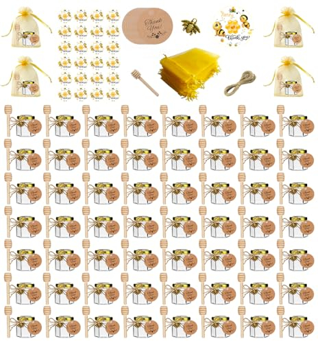 IIKUM Sechseckige Mini-Honiggläser aus Glas mit Holzlöffeln, Bienen-Anhängern, Geschenktüten, Dankeskarten, Jutes und niedlichen Aufklebern, 60 Stück